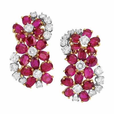 Lot 552 - Pair of Gold, Ruby and Diamond Cluster Earclips