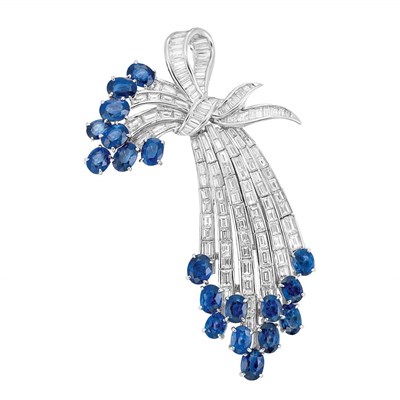 Lot 527 - Platinum, Diamond and Sapphire Bow Brooch