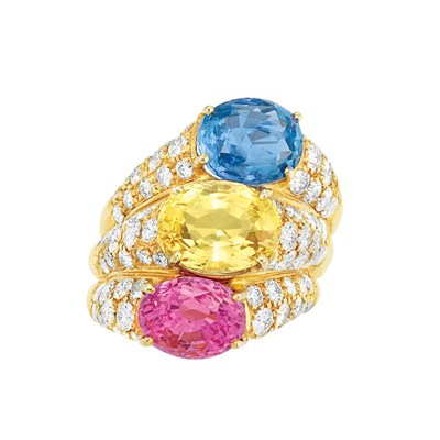 Lot 457 - Gold, Multicolored Sapphire and Diamond Ring