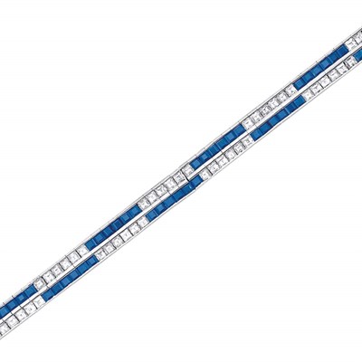 Lot 518 - Two Row Diamond and Sapphire Straightline Bracelet