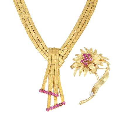Lot 136 - Triple Strand Gold and Ruby Necklace and Flower Brooch