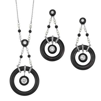Lot 630 - Pair of Art Deco Platinum, Oxidized Steel, Platinum, Diamond and Pearl Pendant-Earrings and Pendant-Necklace
