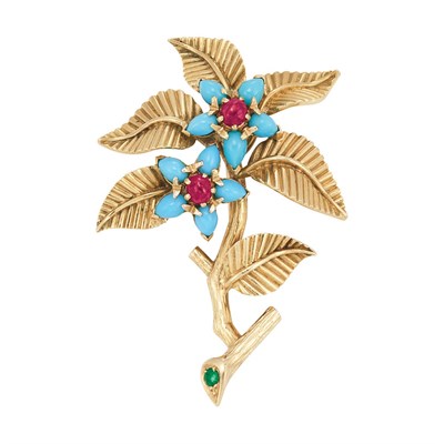 Lot 258 - Gold, Turquoise and Ruby Flower Brooch, Marchak