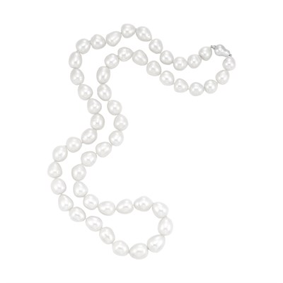 Lot 497 - Long Semi-Baroque Cultured Pearl Necklace with White Gold Clasp