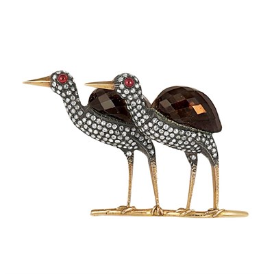 Lot 244 - Gold, Silver, Smoky Quartz, Diamond and Ruby Bird Brooch