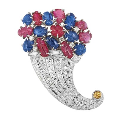 Lot 102 - Carved Ruby and Sapphire, Diamond and Yellow Diamond Cornucopia Clip-Brooch