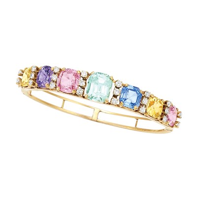 Lot 451 - Gold, Multicolored Sapphire and Diamond Bangle Bracelet