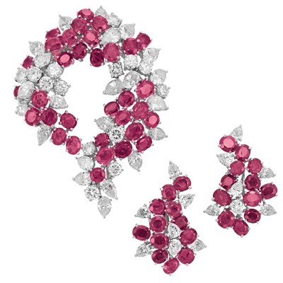 Lot 513 - Platinum, Ruby and Diamond Brooch and Pair of Earclips