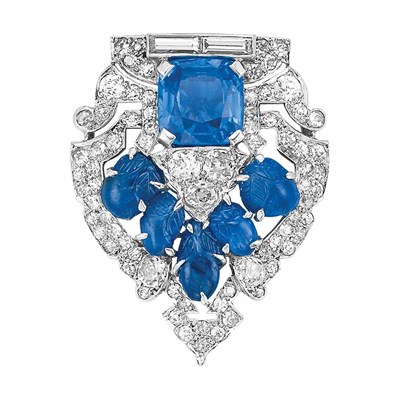 Lot 612 - Art Deco Platinum, Sapphire, Carved Sapphire and Diamond Clip, Cartier