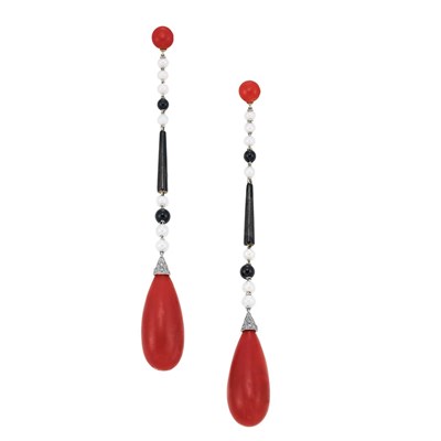 Lot 600 - Pair of Art Deco Platinum, Gold, Black Onyx, Pearl and Oxblood Coral Pendant-Earrings, Ghiso