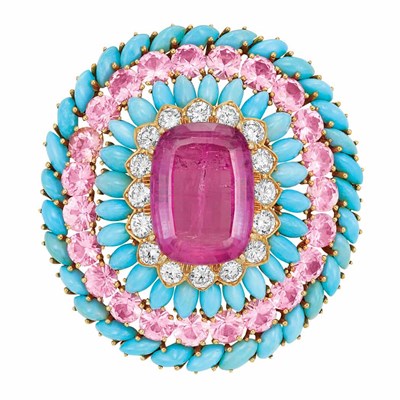 Lot 466 - Gold, Turquoise, Pink Tourmaline, Pink Topaz and Diamond Clip-Brooch, David Webb
