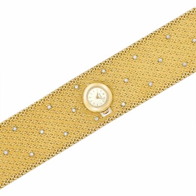 Lot 419 - Wide Gold and Diamond Mesh Bracelet-Watch, Piaget