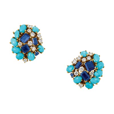 Lot 476 - Pair of Gold, Turquoise, Sapphire and Diamond Cluster Earclips, Van Cleef & Arpels