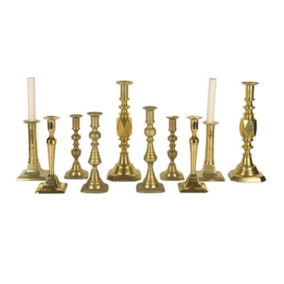 Lot 139 - Five Pairs of Brass Candlesticks 19th/20th...
