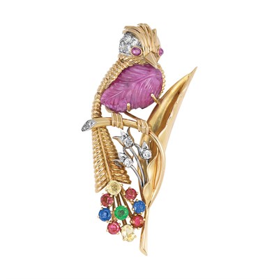 Lot 558 - Gold, Carved Ruby, Diamond and Colored Stone Bird Clip-Brooch