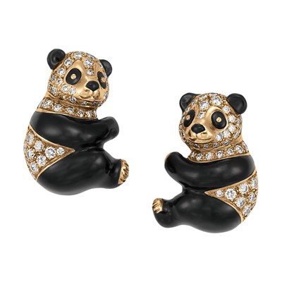 Lot 579 - Pair of Gold, Black Enamel and Diamond Panda Bear Earclips, Van Cleef & Arpels