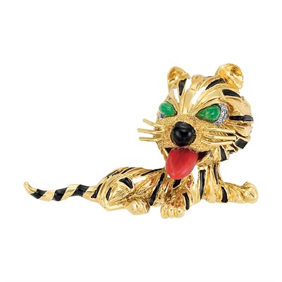 Lot 575 - Gold, Coral, Cabochon Emerald, Diamond and Enamel Tiger Clip-Brooch, Van Cleef & Arpels
