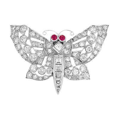 Lot 520 - Platinum, Diamond and Ruby Butterfly Clip