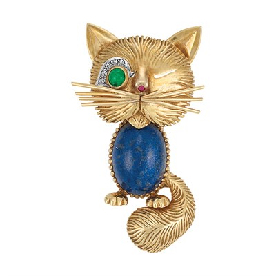 Lot 487 - Gold, Lapis, Cabochon Emerald  and Diamond Cat Clip-Brooch, Van Cleef & Arpels