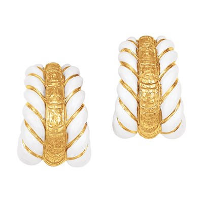 Lot 416 - Pair of Gold and White Enamel Hoop Earclips, David Webb