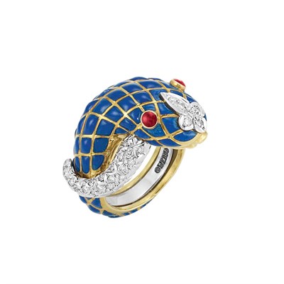 Lot 418 - Gold, Blue Enamel and Diamond Snake Ring, David Webb