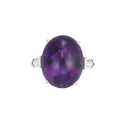 Lot 294 - Platinum, Cabochon Amethyst and Diamond Ring