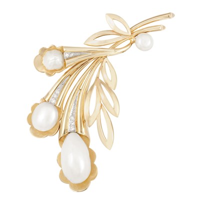 Lot 19 - Gold, Freshwater Pearl and Diamond Flower Clip-Brooch