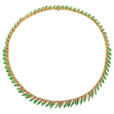 Lot 47 - Gold, Green Enamel and Diamond Necklace