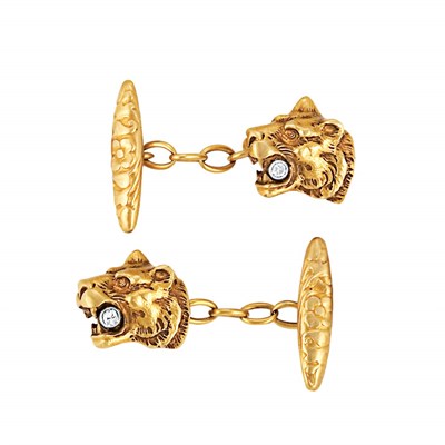 Lot 163 - Pair of Antique Gold, Platinum and Diamond Lion Head Cufflinks