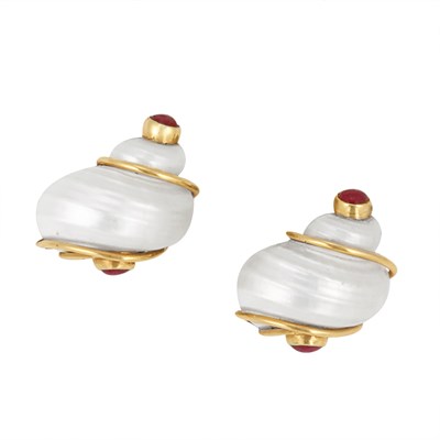 Lot 21 - Pair of Gold, Shell and Cabochon Ruby Earclips, Seaman Schepps