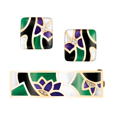 Lot 120 - Gold, Hardstone, Enamel and Diamond Bangle Bracelet and Pair of Earrings