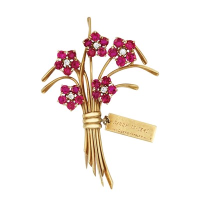 Lot 439 - Gold, Ruby and Diamond Forget Me Not Clip-Brooch, Van Cleef & Arpels