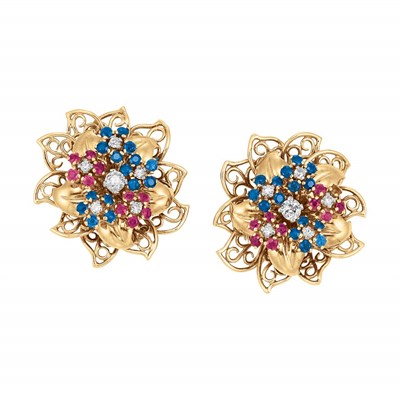 Lot 441 - Pair of Gold, Ruby, Sapphire and Diamond Flower Earclips