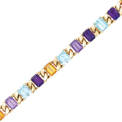 Lot 179 - Gold, Blue Topaz, Amethyst and Citrine Curb Link Bracelet