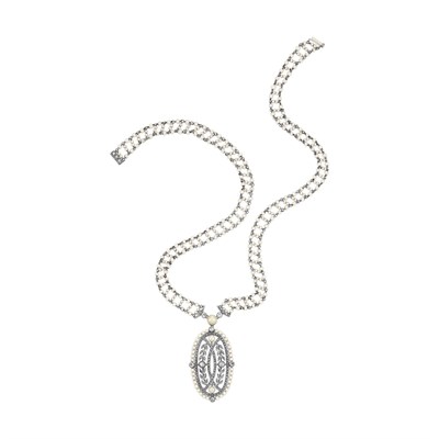 Lot 635 - Belle Epoque Platinum, Gold, Seed Pearl and Diamond Mesh Pendant-Necklace