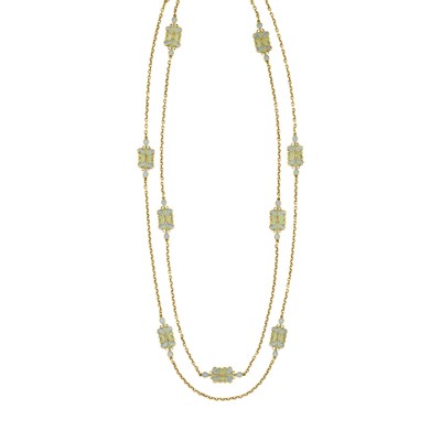 Lot 396 - Long Art Nouveau Gold and Plique-a-Jour Enamel Chain Necklace