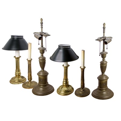 Lot 180 - Three Pairs of Brass Candlestick Lamps Height...