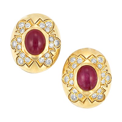 Lot 174 - Pair of Gold, Cabochon Ruby and Diamond Earclips