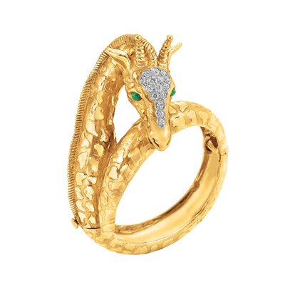 Lot 581 - Gold, Diamond and Cabochon Emerald Giraffe Bangle Bracelet, Tiffany & Co.