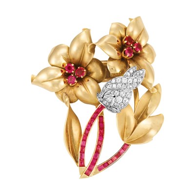Lot 435 - Gold, Platinum, Ruby and Diamond Flower Clip