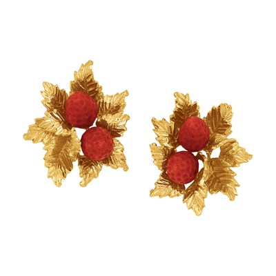 Lot 492 - Pair of Gold and Carved Coral Earclips, Cartier