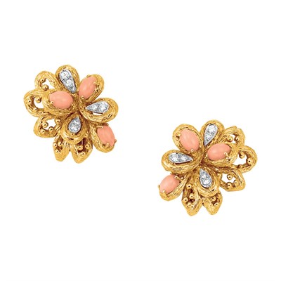 Lot 472 - Pair of Gold, Angel Skin Coral and Diamond Flower Earclips