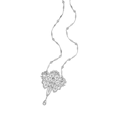 Lot 624 - Belle Epoque Platinum, Diamond and Pearl Pendant-Brooch with Platinum and Diamond Chain