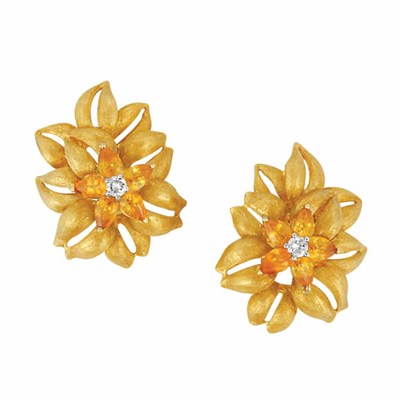 Lot 284 - Pair of Gold, Yellow Sapphire and Diamond Flower Earclips