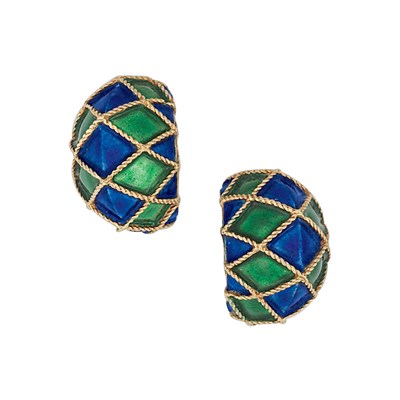 Lot 46 - Pair of Gold and Blue and Green Enamel Earclips, Kutchinsky