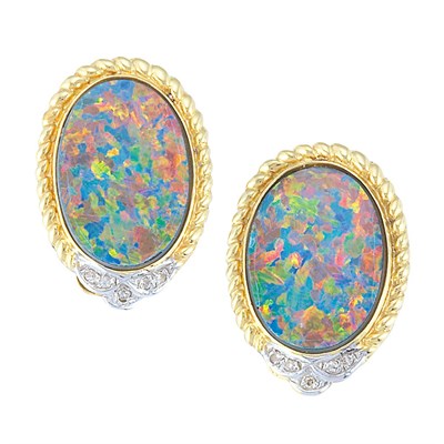 Lot 155 - Pair of Gold, Black Opal Doublet and Diamond Earclips
