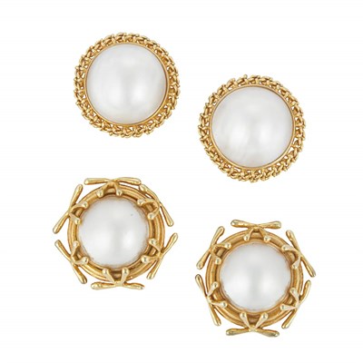 Lot 51 - Two Pairs of Gold and Mabe Pearl Earclips