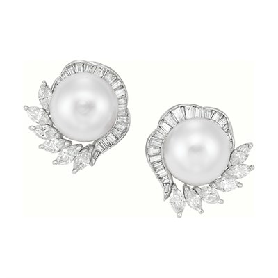 Lot 598 - Pair of Cultured Pearl and Diamond Earclips, Cartier