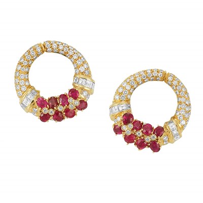 Lot 551 - Pair of Gold, Diamond and Ruby Hoop Earclips