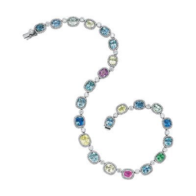 Lot 454 - Platinum, Multicolored Sapphire and Diamond Necklace